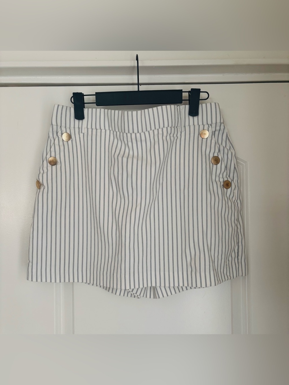 White & Gray Striped Skort with Gold Buttons
